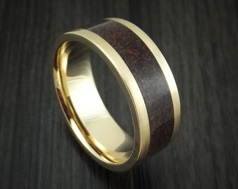 14K Yellow Gold and Red Dinosaur Bone Ring Custom Made Fossil Band
