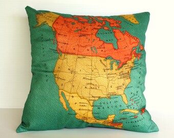 cushion cover, pillow NORTH AMERICA Organic cotton map cushion, throw pillow map pillow Decorative pillow 16 x 16 pillow, vintage map