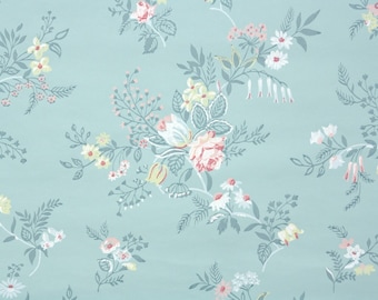 1940s Vintage Wallpaper by the Yard - Pink White and Yellow Flowers on Blue
