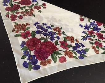 Vintage Sheer CREAM FLORAL Neck Scarf / 70s Purple And Burgundy Floral Square Scarf