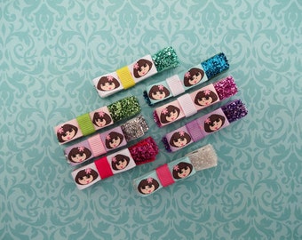 8 Dora Hair Clips - Dora Birthday Party Favors - Glitter Hair Bows - Dora Hair Bow - Birthday Set - Sparkly Glitter Clips - Dora Hair Clip