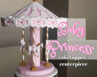 Carousel cake topper / Centerpiece- pink, white gold