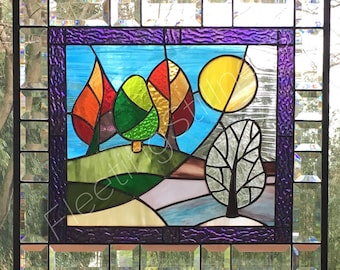 Stained Glass Panel Change of Seasons Colorful Handmade