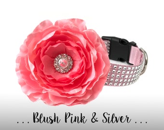 Light Blush Pink Rhinestone Dog Collar Flower Set, Wedding Dog Collar Flower: Blush Pink and Silver Rhinestone
