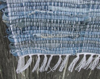 Blue Sky Country 26"x 27"Handwoven Denim Rug, denim rag rug, blue rag rug, rag rug, blue jean rug, jean rug, woven jean rug, woven denim rug