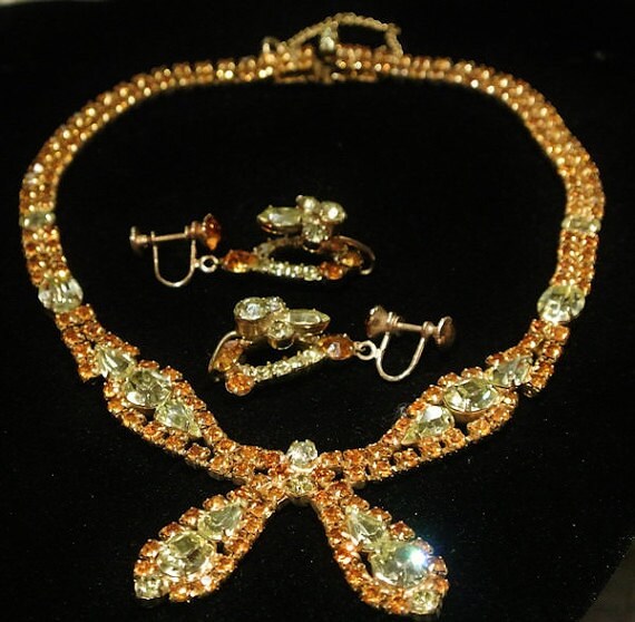 Vintage Rhinestone Necklace Earrings Demi Parure