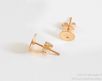14Kt Gold-Filled Earstuds - 6mm Flat Pad Blank Gold Earring Posts - Glue on Ear Studs with Earnut/Backings - 1 Pair - MADE IN USA