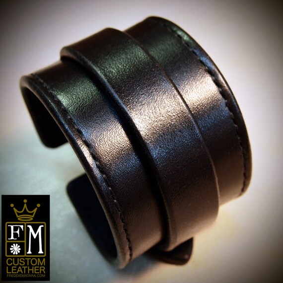 Leather cuff Bracelet black handstitched custom crafted for YOU in New York by Freddie Matara