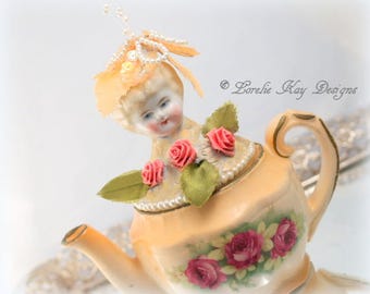 Peachy Roses Teapot Art Doll Functional Mixed Media Assemblage Blonde China Head Doll Lorelie Kay Designs