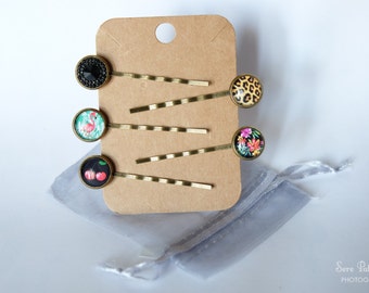 Hair slides Vintage style brass with cabochon Flamingo/hawaian ibiscus/Leopard/cherry/black diamond