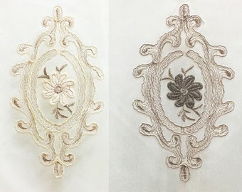 Sheer Fabric - Polyester Patterned Sheer Panel - White w Cream or Champagne w Dove - Ornate Hem - Singed Flowers - P04 - 1 Panel