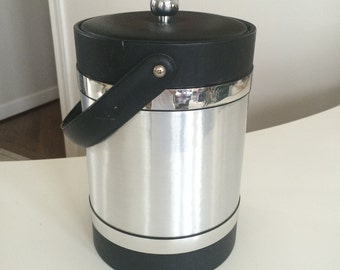 Vintage 1970s Black and Silver Retro Ice Bucket Cooler with Lid and Handle ~11"