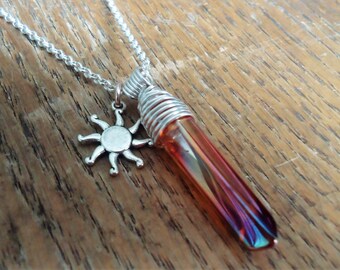 Aura Quartz Sun Necklace - Tangerine Aura Quartz Pendant - Sun Charm Necklace - Healing Jewelry - Handmade Gifts