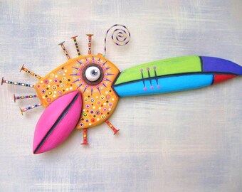 Little Toucan, MADE to ORDER, Bird Wall Art, Original Found Object Wall Sculpture, Wood Carving, Wall Decor, by Fig Jam Studio