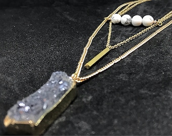 Marble stacker necklace with black druzy pendant