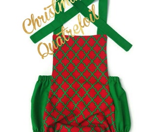 Christmas Quatrefoil Romper, Holiday Romper, Baby Romper, Girl Romper, Bubble Romper, Handmade Romper, Vintage Inspired Romper, Romper