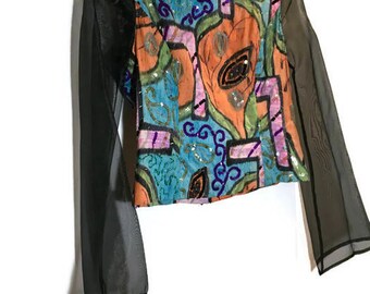 Vintage Handmade Sequin Top with Sheer Bell Sleeves - Boho Dressy Beaded Blouse Size Extra Small/Small