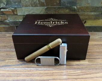 Personalized Cigar Accessory Kit- Humidor- Cigar Cutter- Cigar Lighter- Cedar Cigar Box, Gifts for Men- Groomsmen- Fathers Day