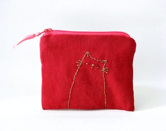 Cat coin purse, coin purse, cat purse, cat pouch, school supplies, change purse, cute coin purse, red, coin pouch, cotton pouch,fabric pouch