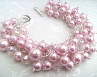 Pink Pearl Beaded Bracelet, Bridesmaid Jewelry, Wedding, Bridesmaid Bracelet, Cluster Bracelet, Pink Pearl Jewelry, Pink Wedding Theme, Gift