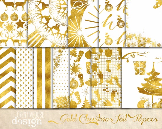 Digital paper, Christmas Gold Foil Paper, Digital Scrapbook paper pack - Instant download - 12 Digital Papers - Gold Foil