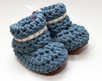 Steel Blue Natural Cotton & Leather Miizoo Crochet Booties, Blue Crochet Moccasin, No Slip Leather Soles, Baby Knit Booties