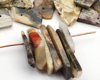 30 pcs long top drilled silverleaf jasper beads, flat slices, dark grey black white semiprecious stone, assorted size