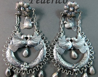 FEDERICO~"Doves of Love"~Elaborate~Ornate~Filigree~Cascabel~925 Oaxaca Earrings~Free Shipping