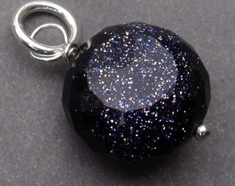 Blue Goldstone Pendant, Sterling Silver Wire Wrapped Pendant, Interchangeable Necklace Charm, Bracelet Charm with Sterling Silver Jump Ring