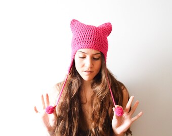 Pink Pussyhat // women's rights // Planned parenthood donation // Runaways hat // Cat hat costume // Earflap hat // Nasty Woman