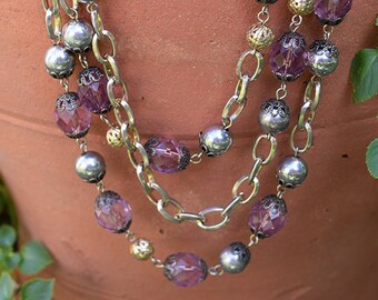 Vintage Purple Crystal Three Strand Necklace