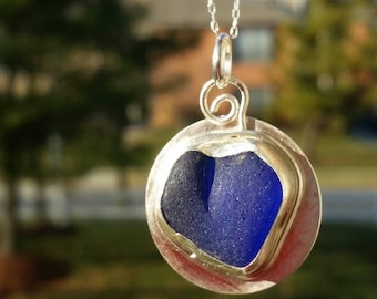 Davenport Sea Glass Pendant. Cobalt Blue Heart Sea Glass Necklace. Sea Glass Jewelry. Cobalt Blue Sea Glass Pendant. Sterling Silver Jewelry