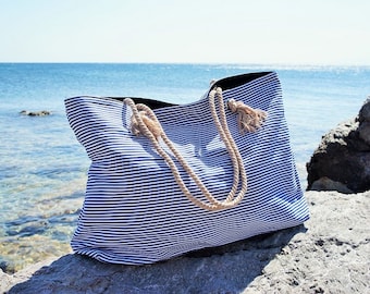 XL Canvas Beach Bag / Blue Navy Stripes / Rope Cord Closure / 100 Cotton / Big Tote / Vacation / Summer Large Beach Bag