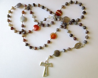 Franciscan Crown Rosary of Botswana Agate with Saint Francis/ Saint Anthony Center and Tau Cross