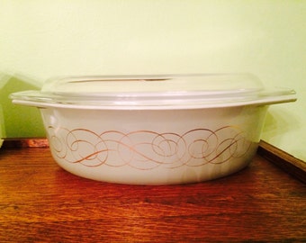 Vintage Pyrex RARE Golden Scroll or Green Scroll Promotional Oval Casserole #045 with Lid 1960's