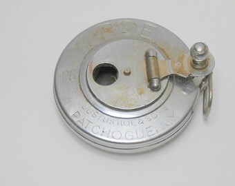 Vintage Justus Roe & sons steel measuring tape stainless case crank wind 25' tape carpenter's tape industrial tape measure carpentry tools