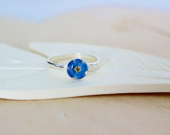 Forget me Not Sterling Silver Ring, Real Flower Jewellery, Botanical Ring, Pressed Flower, Remembrance Jewelry