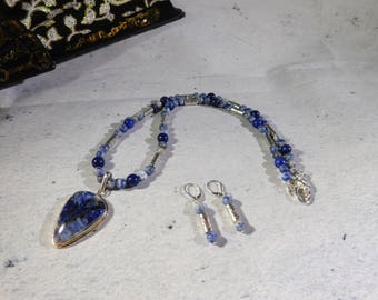 Sodalite Jewelry, Blue White, Pendant, 2 Piece Jewelry Set, Beaded Necklace, Matching Earrings, Denim, Spring accessories, Heart Clasp