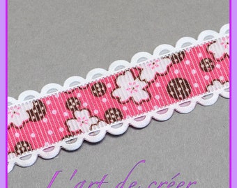 1 meter Ribbon pink polka dots and flower, lace, 15 mm grosgrain Ribbon