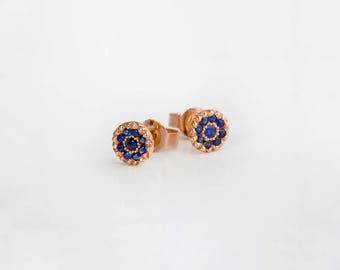 18k Rose Gold Saphire Earrings, Tiny Gemstone Stud Sapphire Earrings, Blue Sapphire Earrings, Small Gemstone Stud for Women's Gold Jewelry
