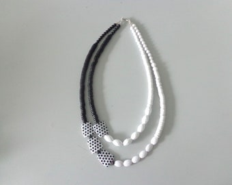 chunky necklace, black white necklace, polka dot necklace,