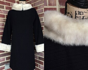 1960s black mod coat with blonde mink fur collar and cuffs / 60s mod mid century wool coat