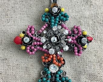 Beaded Multi Color Rhinestone Cross Pendant, magnetic closure, 3 1/4" x 2", only 1 available