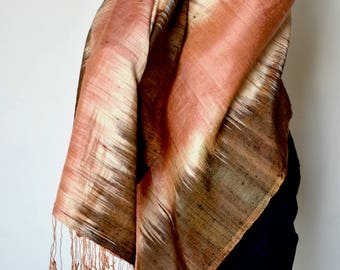 Premium Women Silk Scarf Handwoven Thai Silk Scarf Large Orange and Brown 79 X 25 Hand Fringed Raw Silk Thailand