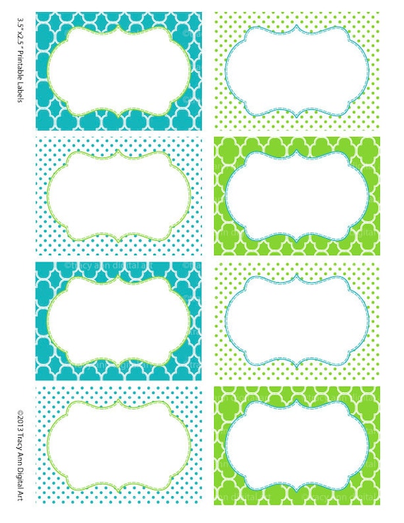 Printable Labels or Buffet Cards Blue and Green Instant