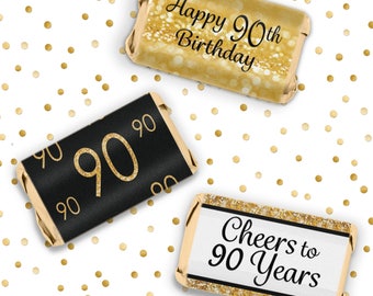Happy 90th Birthday Party Favors - Gold & Black - Cheers to 90 Years Old - Decoration Stickers for Hershey's Miniature Bars - 54 Count