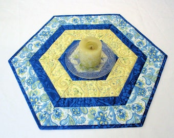 Blue and Yellow Hexagon Quilted Table Topper, Candle Mat, Table Runner Quilt, Floral Decor, Blue Yellow Summer Centerpiece, Quiltsy Handmade
