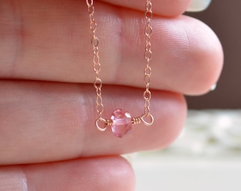 Rose Gold Choker, Pink Topaz Necklace, Genuine Gemstone Jewelry, Simple, AAA Semiprecious Stone, Minimalist Style, Free Shipping