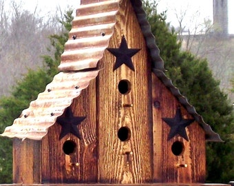 Large Cedar Bird House Barn Style Burnt Finish Re-purposed wood Corrugated rusty tin Roof Blue Bird Wren House