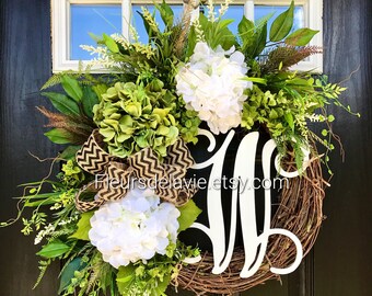 Summer Wreaths for Front Door, Burlap Wreaths, Monogram Wreaths, Hydrangea Wreath, Grapevine Wreath, House Warming Gift, Door Decor